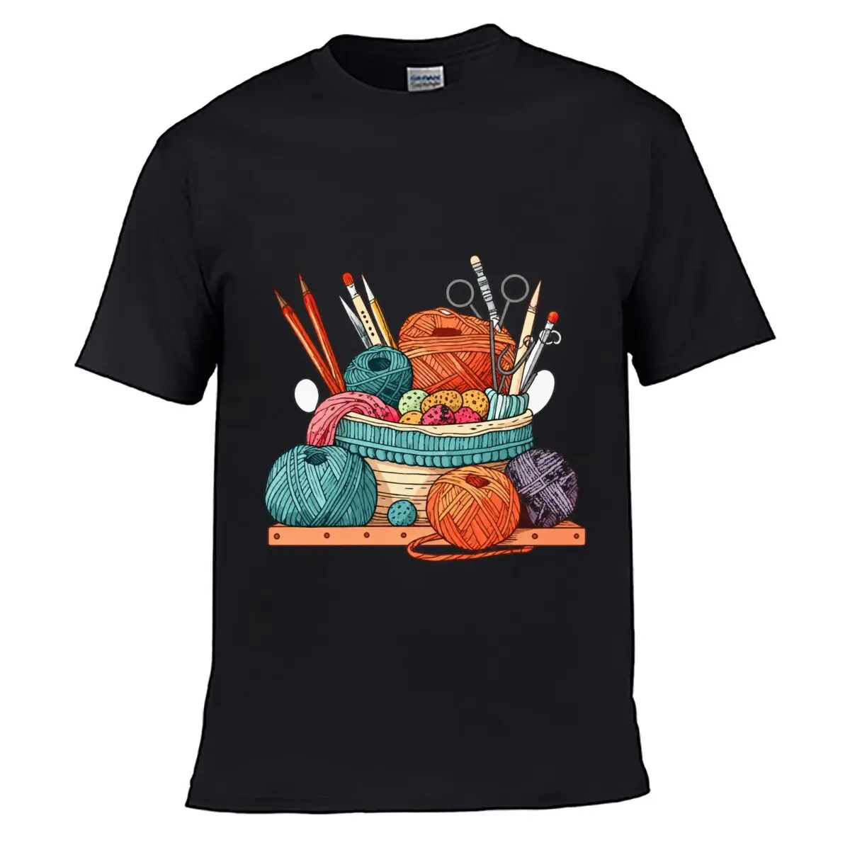 Knitting Crochet Yarn Balls Needles Scissors Basket Supplies Graphic short-sleeved T-shirt Casual Tee