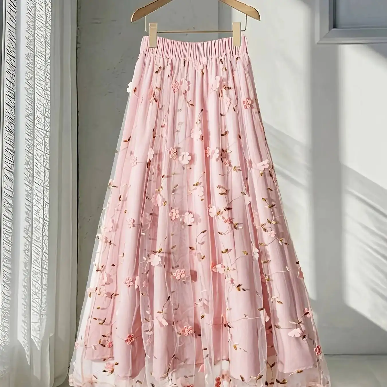 Boho Pink Floral Tulle Maxi Skirt 3D Embroidery Elastic High Waist A-line Flowy Skirt Harajuku Countryside Garden Fairy Skirts