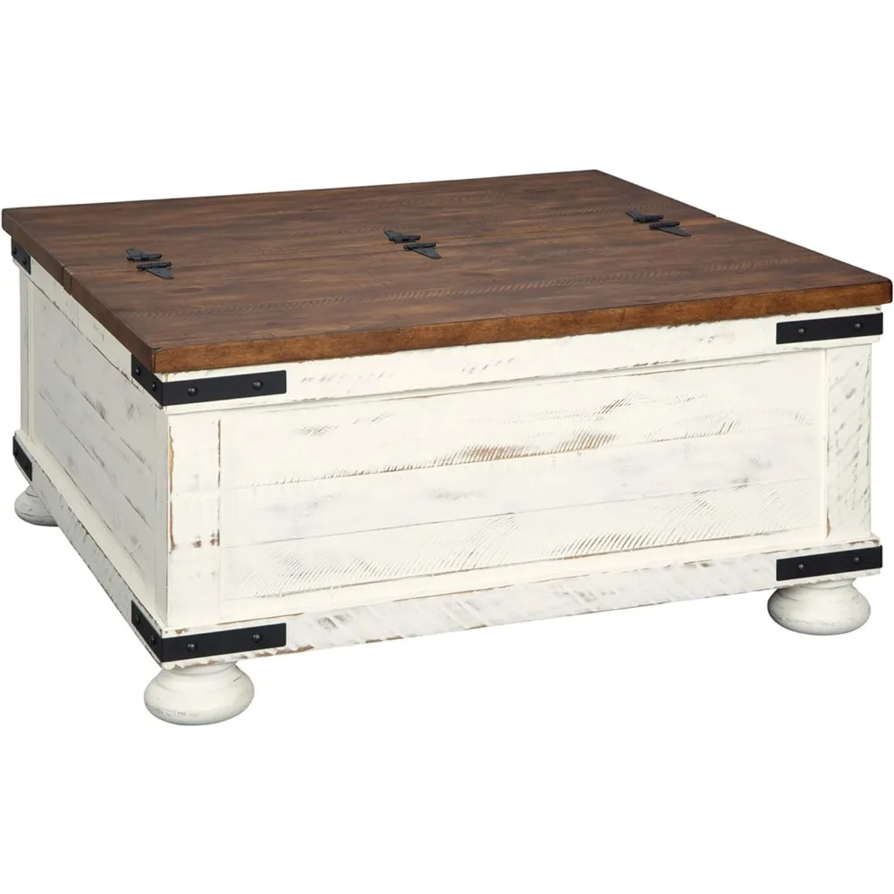 Signature Design by Ashley Wystfield Farmhouse Square Storage Coffee Table with Hinged Lift Top, Distressed White