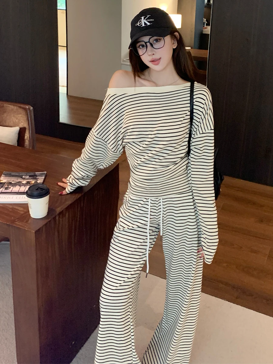 Casual Korean Style Stripe Long Sleeve Waist Cinched Shoulder High Waist Drawstring Wide Leg Pants Two Piece Set Fashionable ...