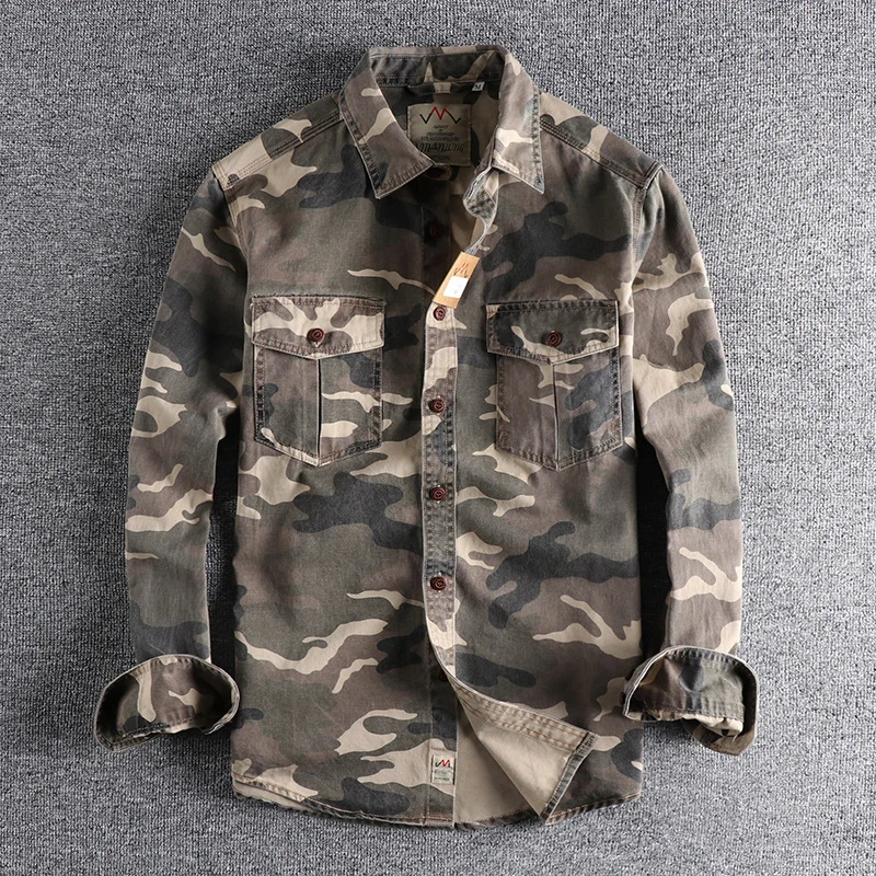 

Spring Autumn Mens Military Cargo Shirts Outdoor Men Cotton Long Sleeve Lapel Camo Shirts Men Vintage Work Shirt Jacket Clothing