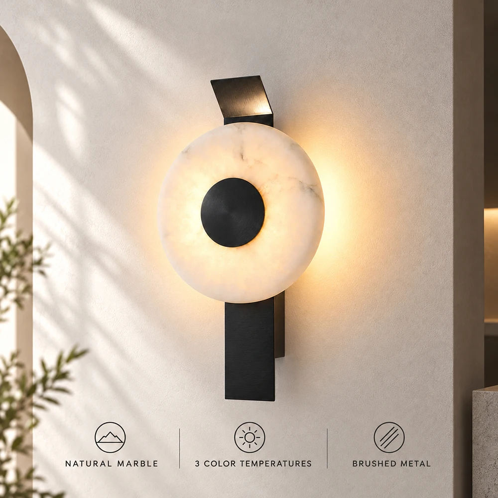 Natural Marble Wall Sconce, Modern Indoor Wall Lamp, 3 Color Temperatures 3000K 4000K 6000K, Brushed Black or Nickel, Bedroom
