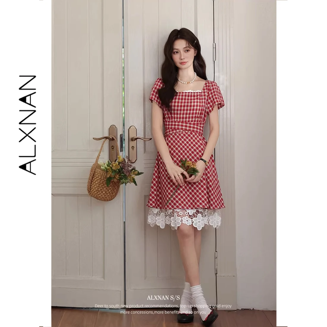 

ALXNAN Short Red Plaid Dress Elegant Lace Patchwork Women's Dress 2026 Summer Square Neck Holiday Female Clothing DYL661795-1