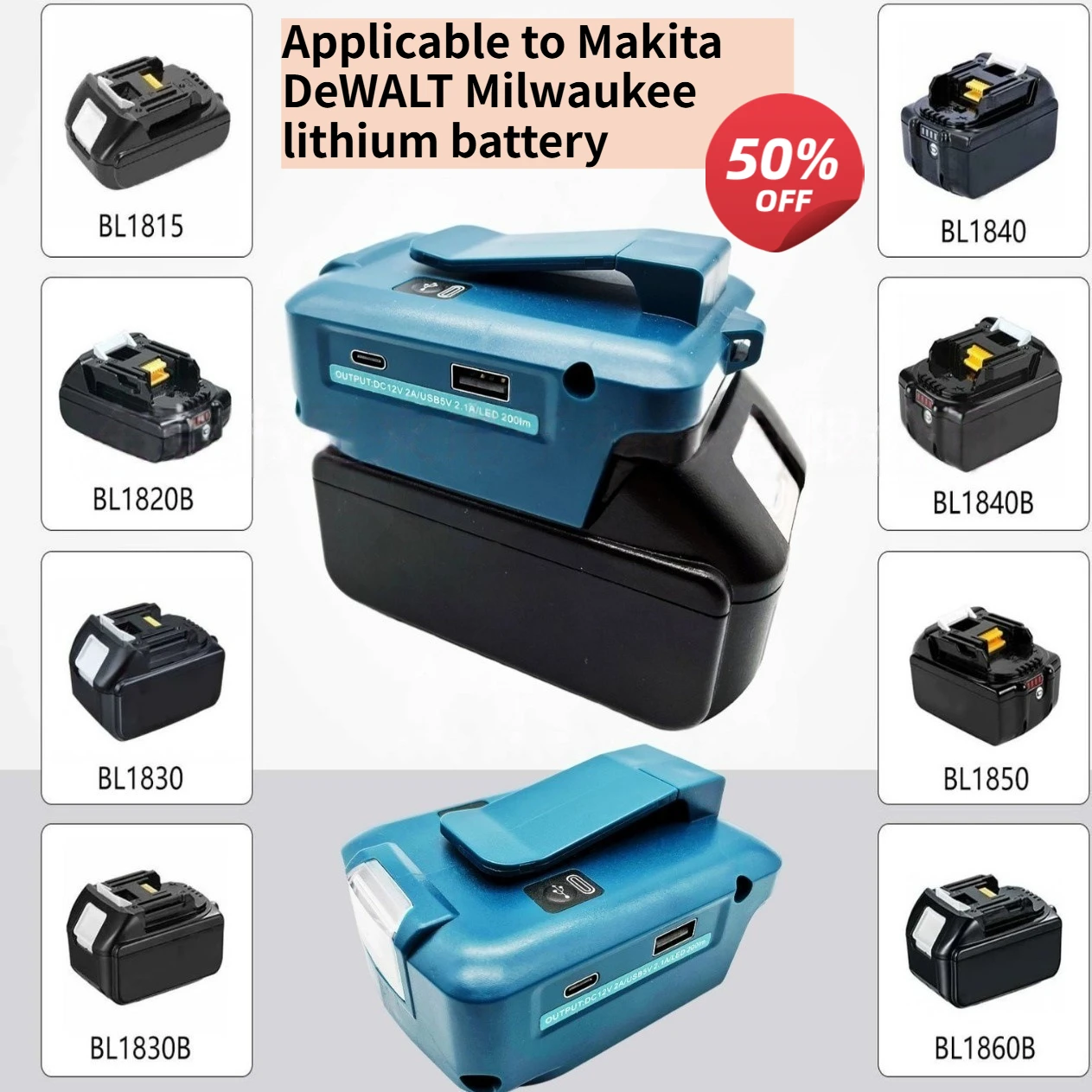 Applicable to Makita DeWALT Milwaukee lithium battery ADP05 conversion LED strip with USB TYPE-C portable site light