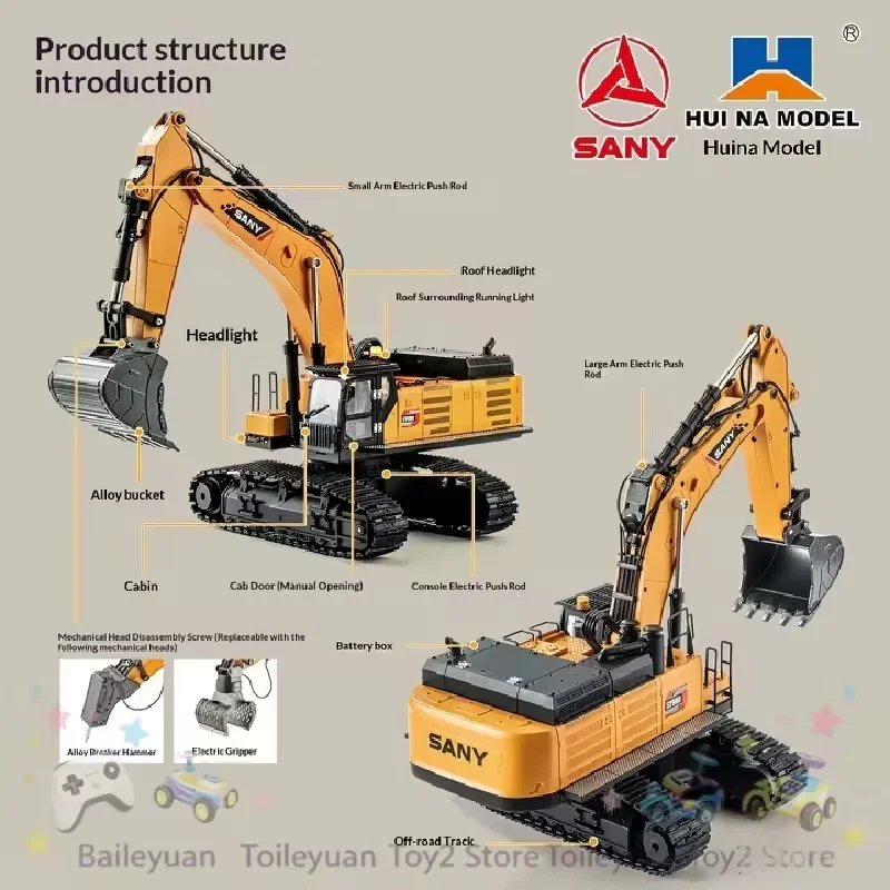 In Stock SANY Hui Na Model Remote Control Alloy Excavator With 3 Interchangeable Mechanical Heads Hydraulic Construction Vehicle