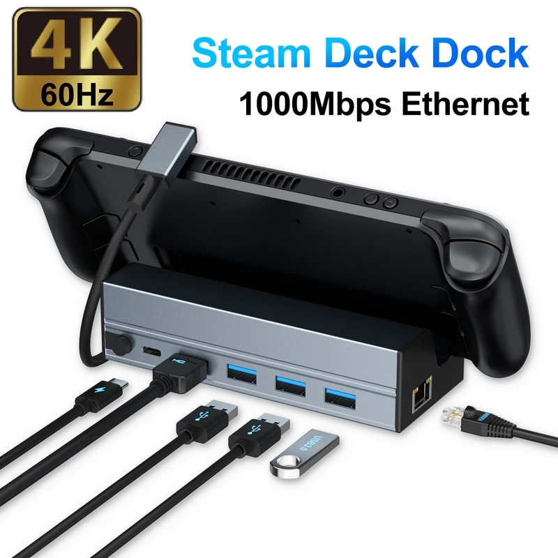 Steam Deck Docking Station with Stand 6 in 1, 4K60Hz HDTV, 1000Mbps LAN, USB 3.0×3 Hub, PD 100W, for Steam Deck/ROG Ally