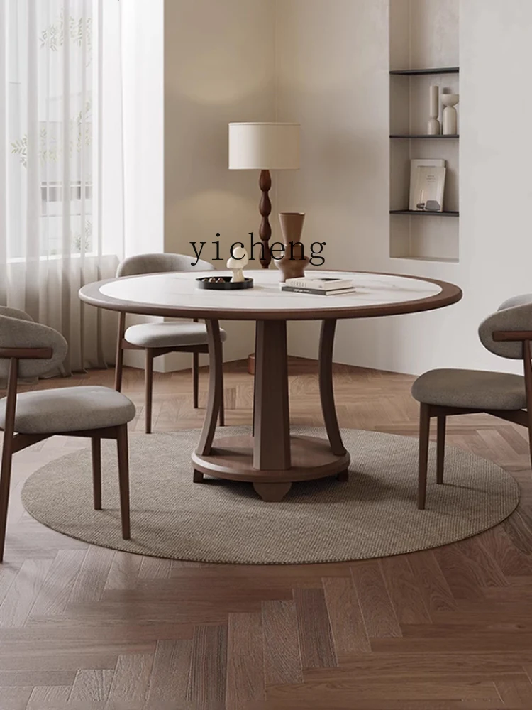 

TWR Slate Dining Table and Chairs New Round Table with Turntable Household Walnut Round Solid Wood