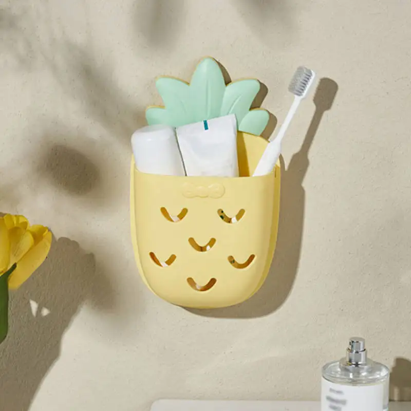 Wall Mounted Storage Basket Bathroom Toiletries Holder with Drain Hole Cartoon Pineapple Shpaed Hanging Organizer for Home Room