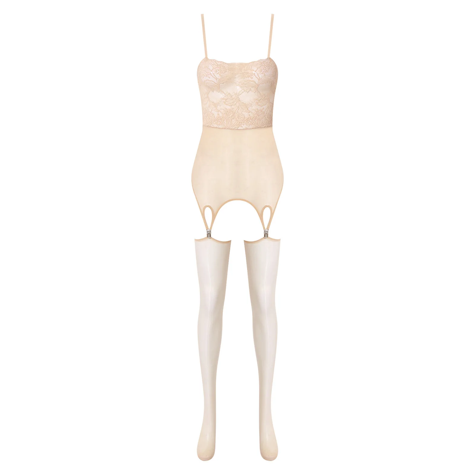 Womens See Through Minidress and Stockings Floral Lace Patchwork Sling Minidress with Garter Clips Tempting Lingerie Nightwear