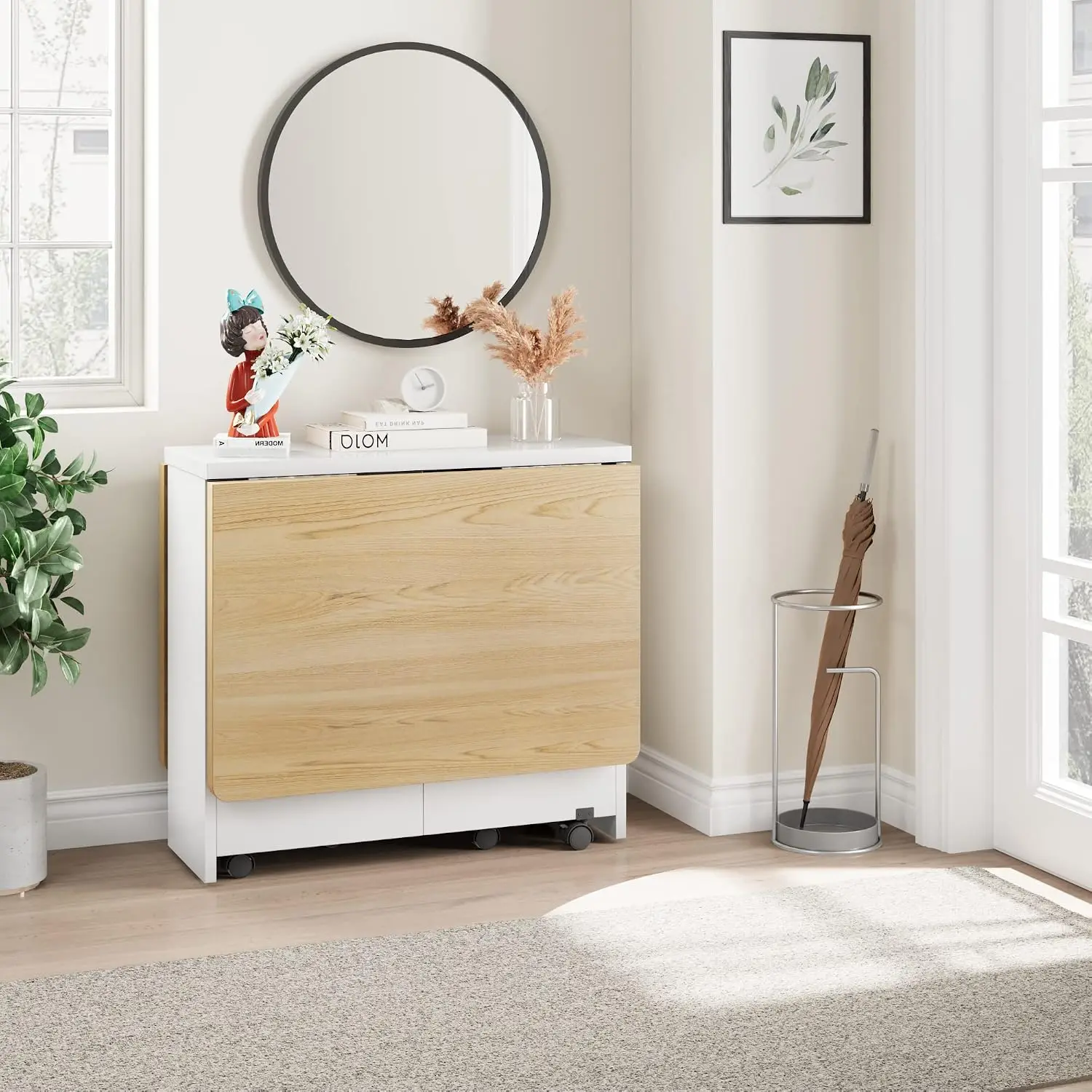 FoldingTable, Drop Leaf Dining Table with 6 Wheels and 2-Layer Storage Shelf, Space Saving Table for Small Spaces (Natural Wood