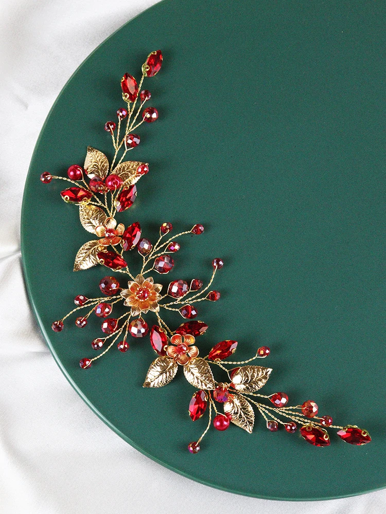 Red Rhinestones Wedding Headband Hair Accessories for Bride Headdress Gold Leaves Handmade Head Jewelry Party Women Headwear