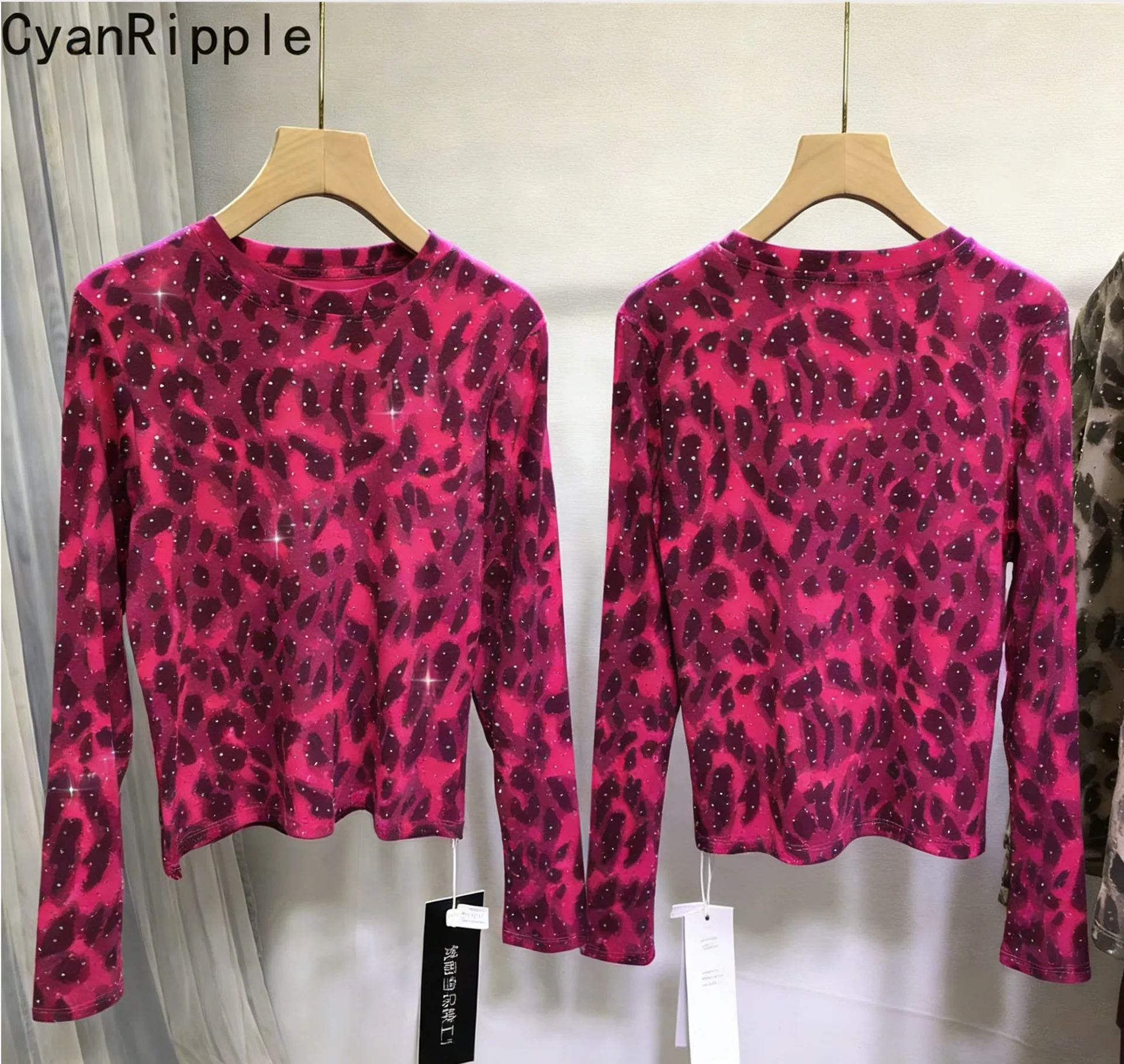 Rose Red Leopard Print Hot Diamonds Skinny Women T-shirt Round Neck Pullover Top Autumn Winter Long Sleeve Slimming Cotton Tees
