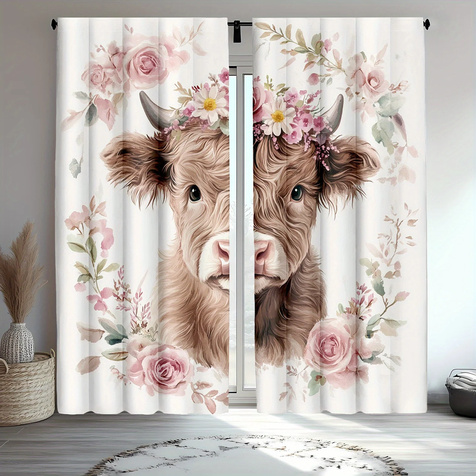 Cottagecore Floral Cow Watercolor Curtains 2pcs Pair Boho Pink Rose Nursery Window Drapes