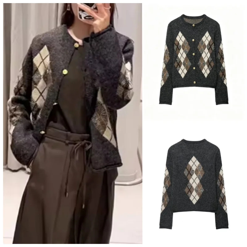Guobioziy 2026 Women's New Rhombus Pattern Knit Cardigan Stylish and Versatile Elegant and Graceful Casual and Easygoing