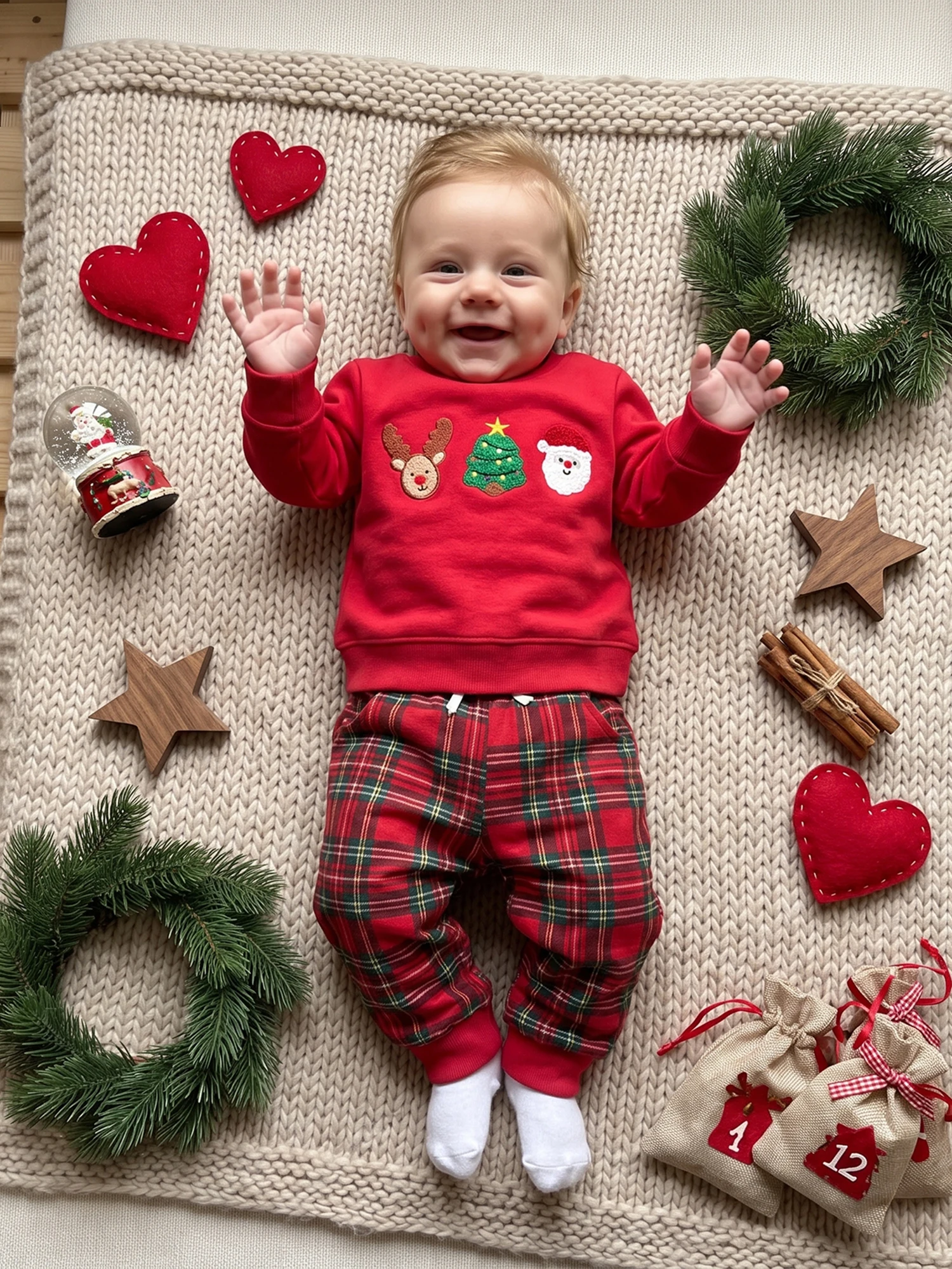 Santa Embroidery Long Boy Christmas Embroidery Pullover Plaid Pants Outfits Santa Santa Sleeve-Pullover-Plaid