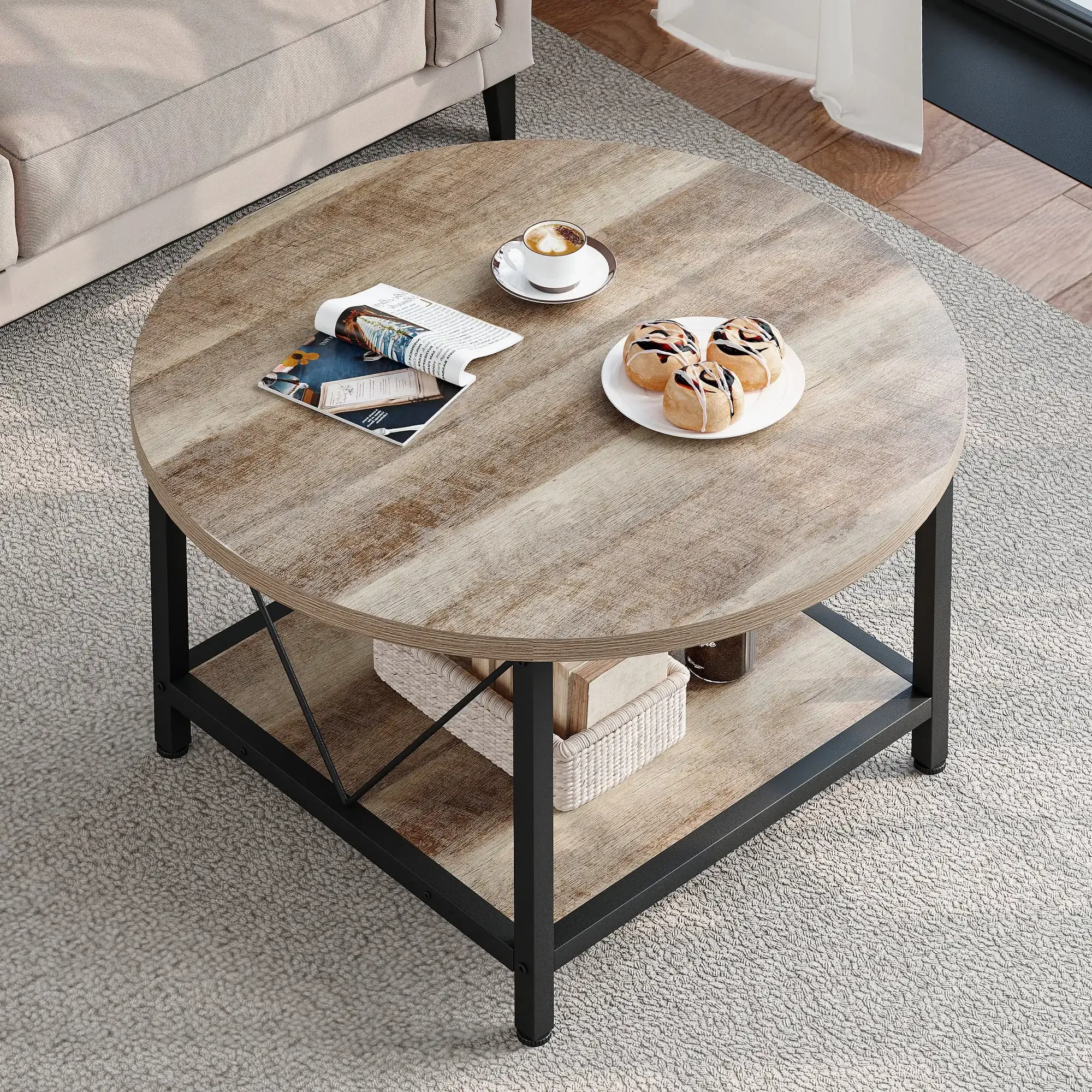 Factory Direct 2026 Round Coffee Table with Storage, Rustic Living Room Tables with Sturdy Metal Legs, OAK