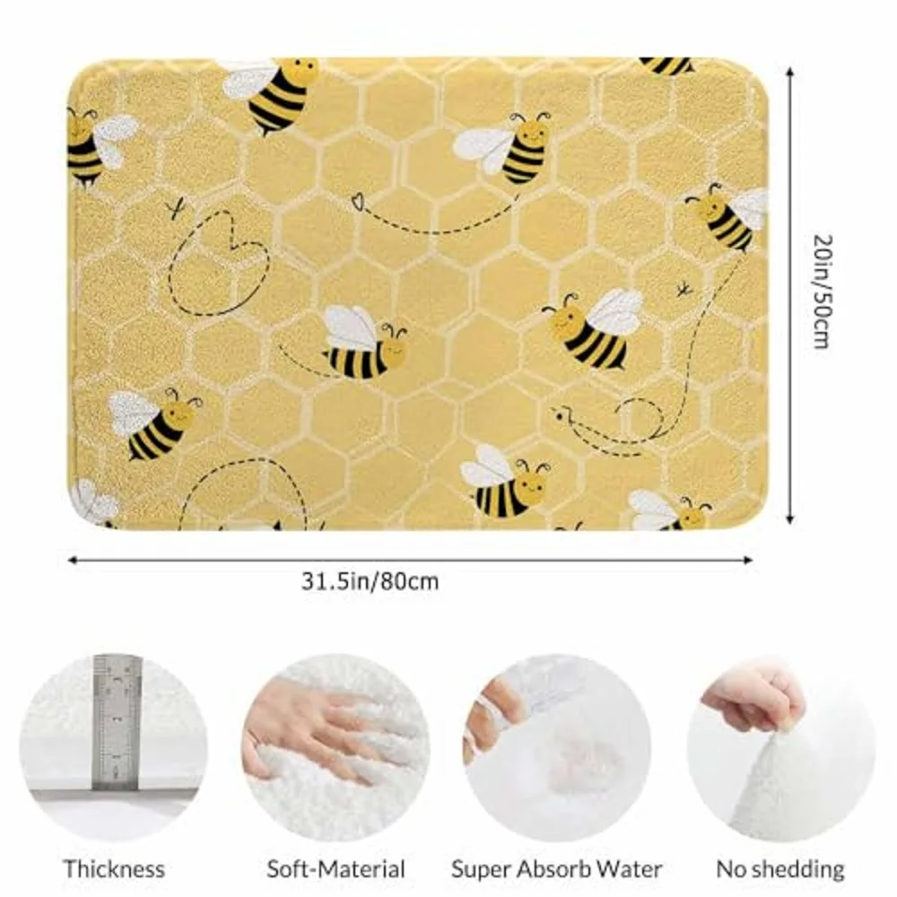 Cute Bees Bath Rugs for Bathroom Honeycombs Yellow Background Durable Flannel Bath Rug Clearance Mats for Forlaundry Room