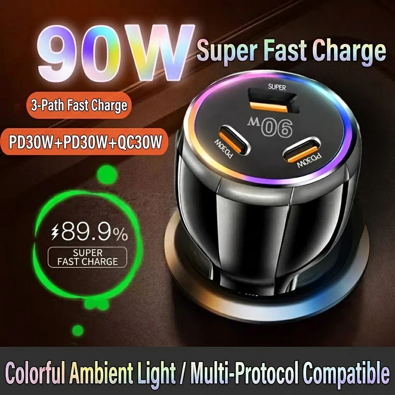 90W Car Charger With Colorful Ambient Light 3-Port PD Fast Charging Auto Adapter Universal Vehicle Fit For iPhone 16 15 Pro Max