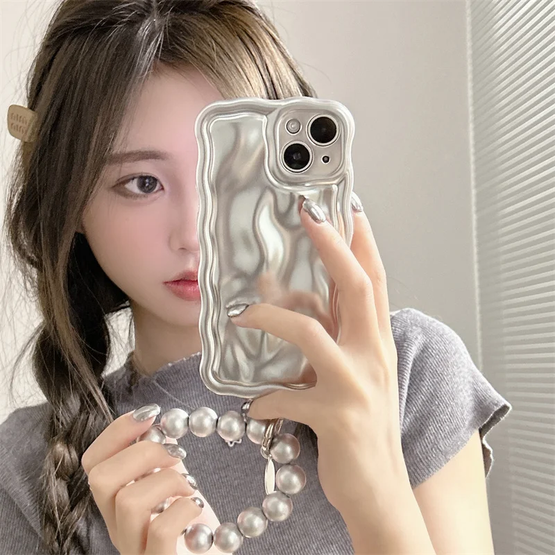 

Stylish Silver Beaded Bracelet for iPhone Cute Silicone Case 14 11 12 13 Pro Max 14Pro Max