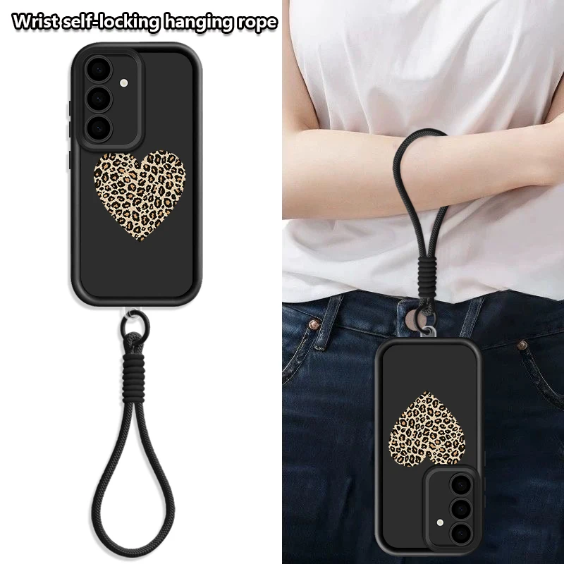 S25 Edge Case Luipaardprint Hart Lanyard Case Voor Samsung S24 Ultra S23 S22 S21 FE A17 A54 A15 A35 A55 A16 A26 A36 A56 5G Funda
