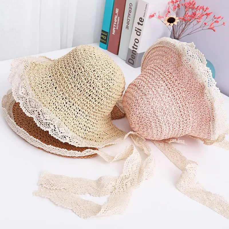 Summer Baby Sun Hat Lace Straw Kids Bucket Hats for Girls Accessories Beach Travel Children Cap Princess Baby Girl Hat 2-5Y