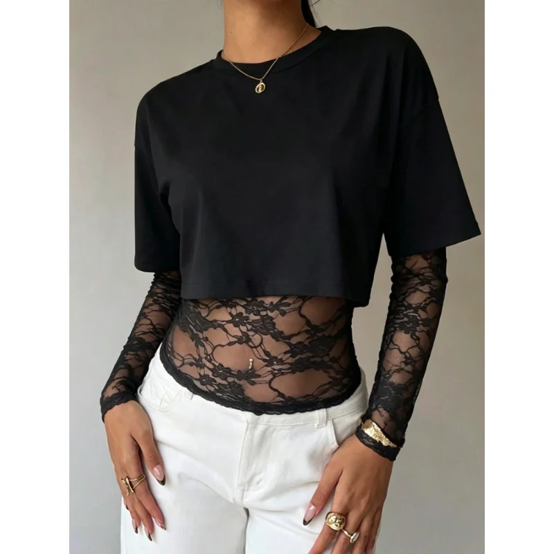 Fall New Y2K Fake‑two‑piece Lace Spliced Crop Top Women, Brown Round Neck Short Sleeve Sheer Mesh Long Sleeve T‑Shirt