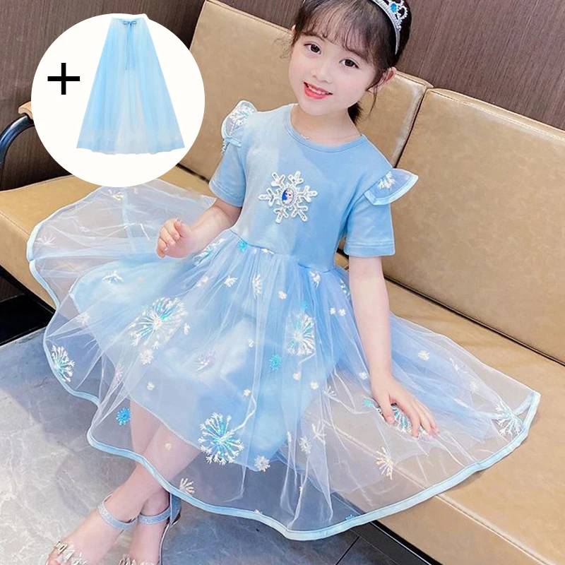 

Новинка 2023 года, летнее платье для девочек, плащ с короткими рукавами, сине-розовая детская одежда Disney, 2 предмета для детей, платья принцессы Эльзы и Анны «Холодное сердце»