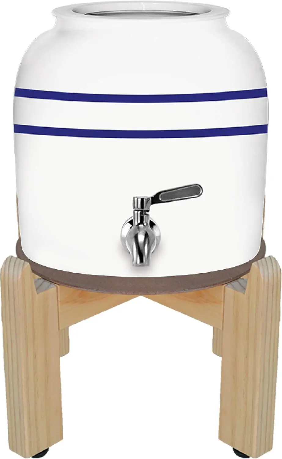 

Ceramic Crock Water Dispenser, 8 Inch Wood Stand, Stainless Steel Faucet, Valve, Fits 3 to 5 Gallon Jugs. (Withe Blue Stripe)