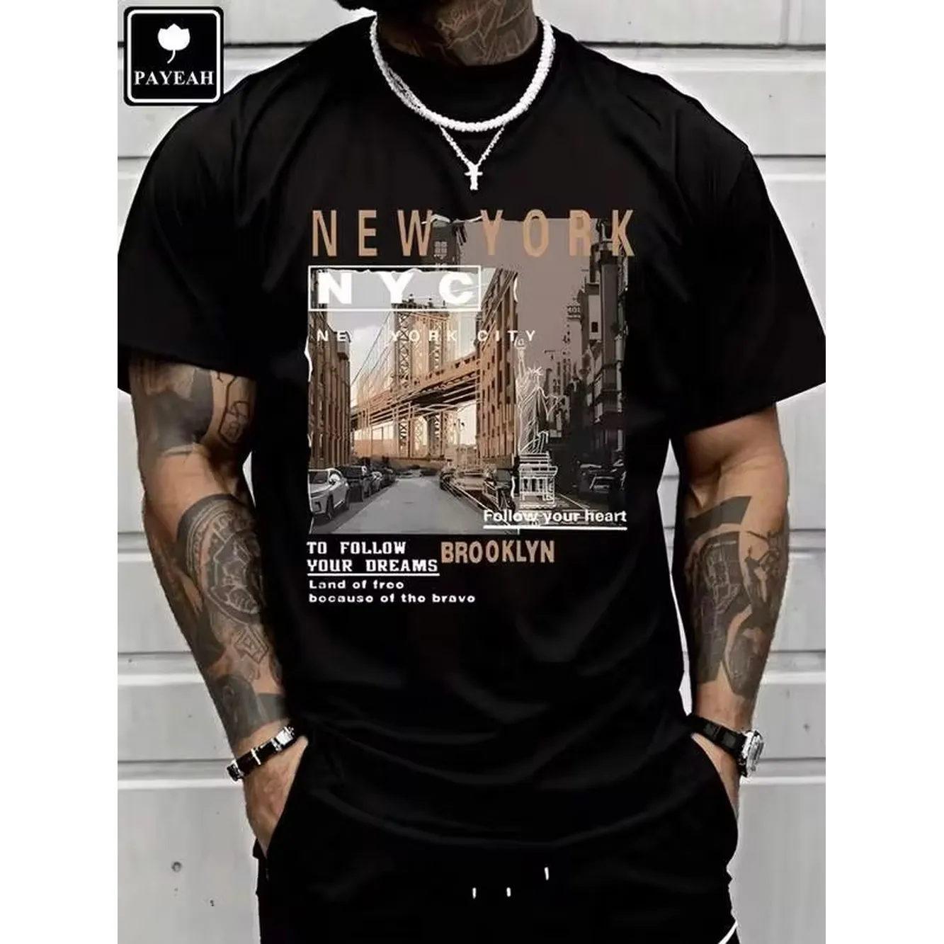 Men's Casual Cotton Streetwear Street View Of Brooklyn New York High Quality ClothingTrendyT-Shirt 100% Heavy Cotton T Shirt