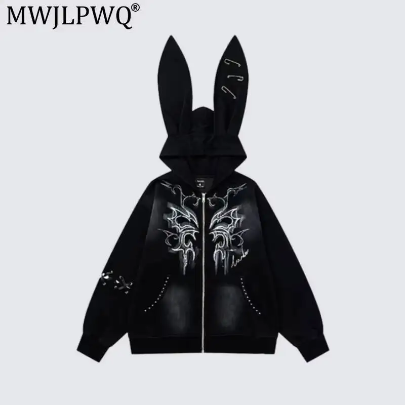 MWJLPWQ Dark Subculture Design Hooded Jacket Male High Street Butterfly Print Rivets Gradient Loose-Fit Long Sleeve Tops 20168
