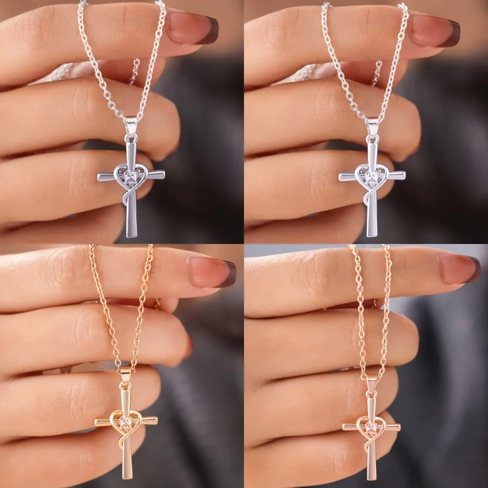Luxury Exquisite Rose Gold Color Beating Lucky Heart Wrapped Cross Zircon Pendant Necklace for Women Charm Birthday Gift Jewelry