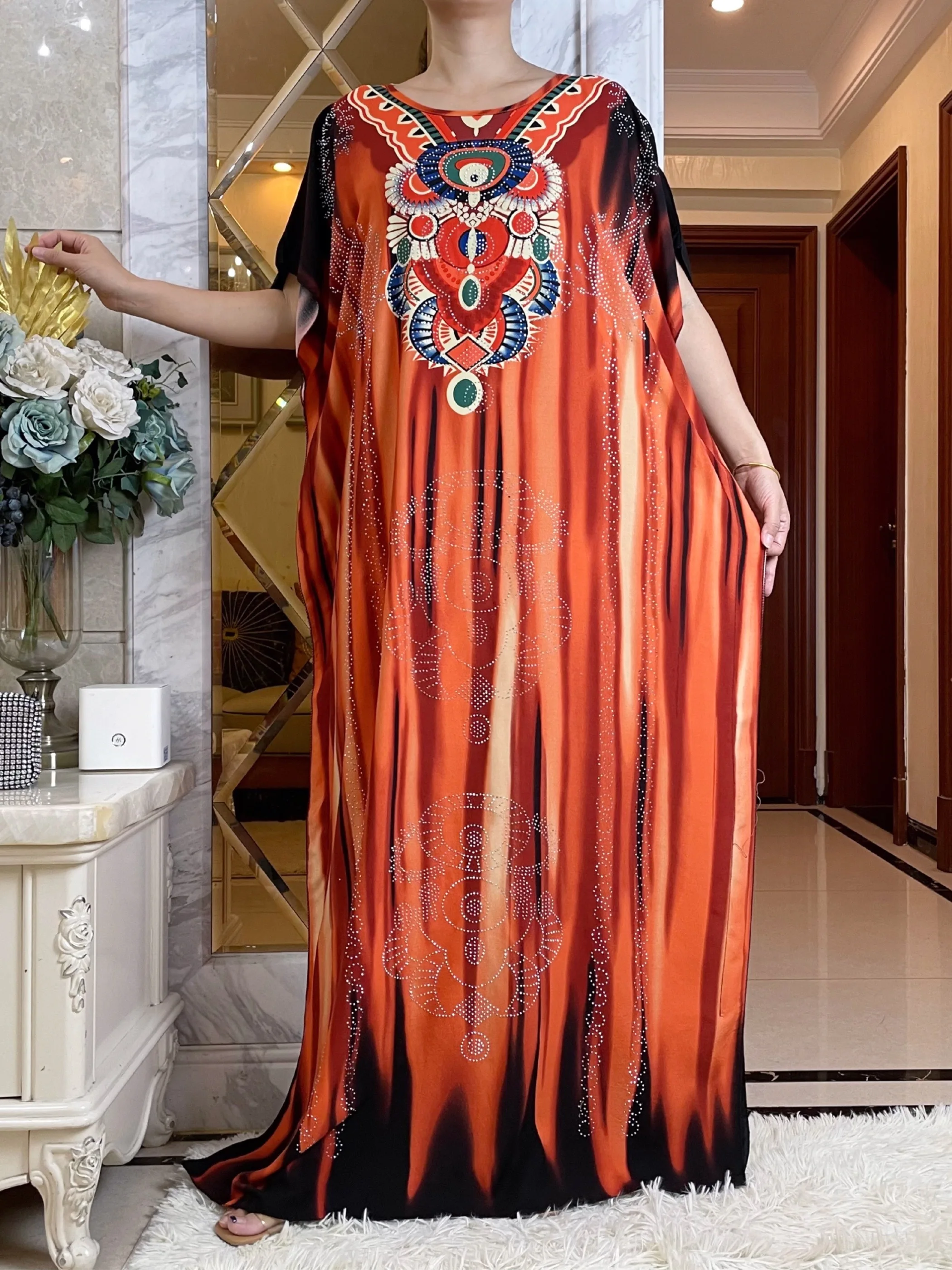 Newest Summer Party Dress Short Sleeve With Big Scarf Printing Floral Loose  Boubou Maxi Islam Women  African Abaya Clothes