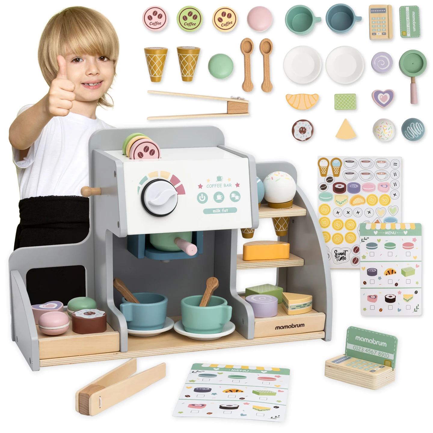Mamabrum Grote Houten Koffie- en IJssalon XXL 76El Set voor Kinderen Montessori Speelgoed Rollenspel Barista 3+