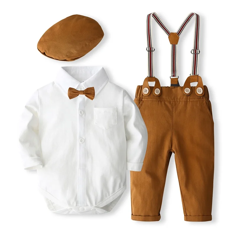 

Baby Boys 3Pcs Gentleman Outfits Autumn Long Sleeve Sleeve Bowtie Romper + Suspender Pants + Hat Set Infant Clothes