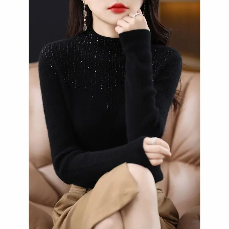 Autumn and Winter Women's Pullover Half High Neck Long Sleeve Slim Fit Solid Diamonds Knitted Bottom Fashion Casual Tops