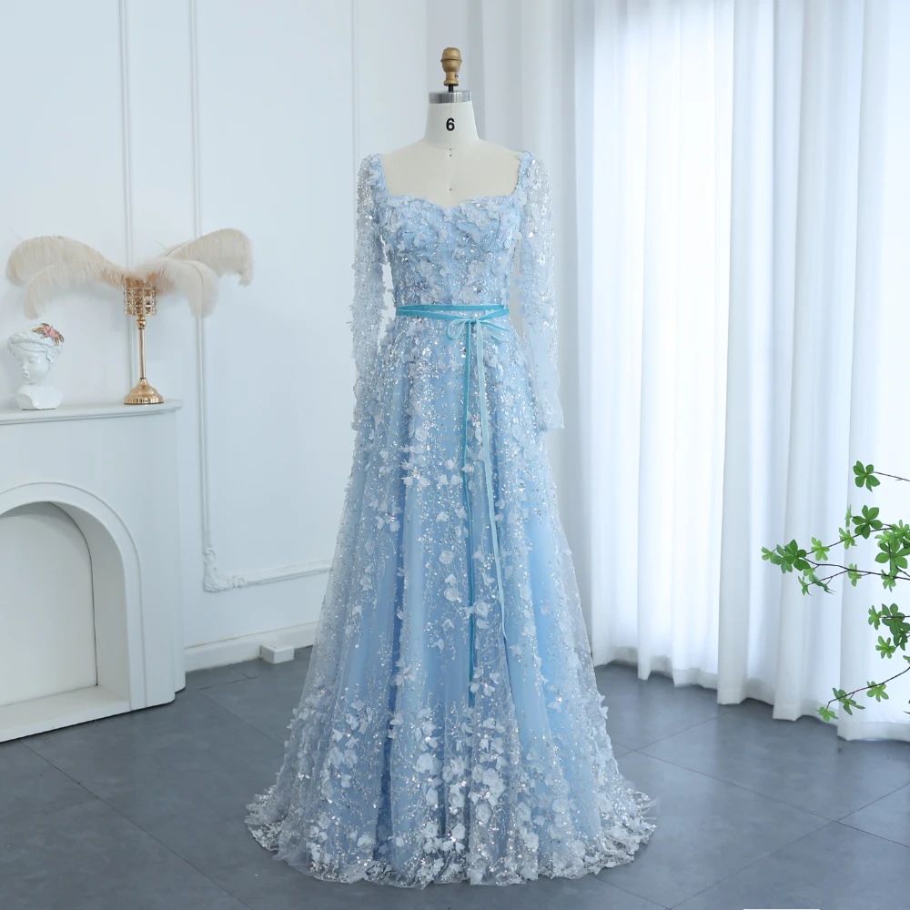 Luxury 3D Flower Evening Dresses Fashion Square Collar Long Sleeves Sequined A-Line Party Gowns Chic Floor Length Prom Dresses