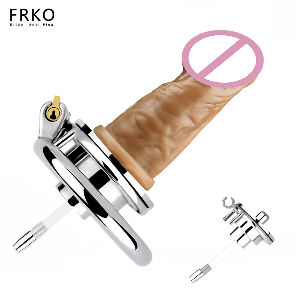 FRKO Flat Metal Chastity Cage CB Lock 콕링,정조대 Cock Cage 9CM Silicone Dildo Urethral Anti Cheating BDSM Sex Toys For Sissy Men 18+