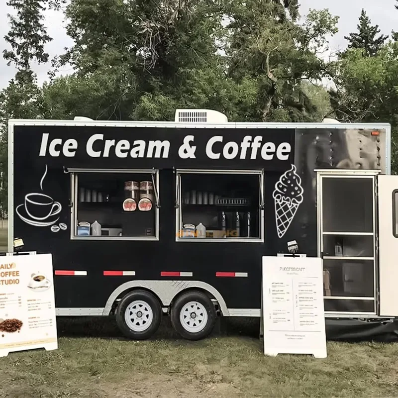 Customized Square Food Trailer Mobile Kitchen Stainless Steel Fiberglass Dual Tandem Axle Outdoor Catering