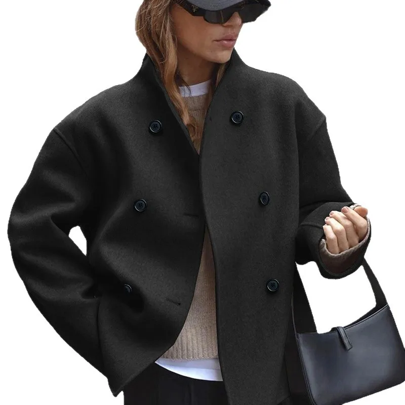 Cappotto versatile in lana tinta unita doppiopetto da donna con temperamento casual Cappotto versatile in stile britannico