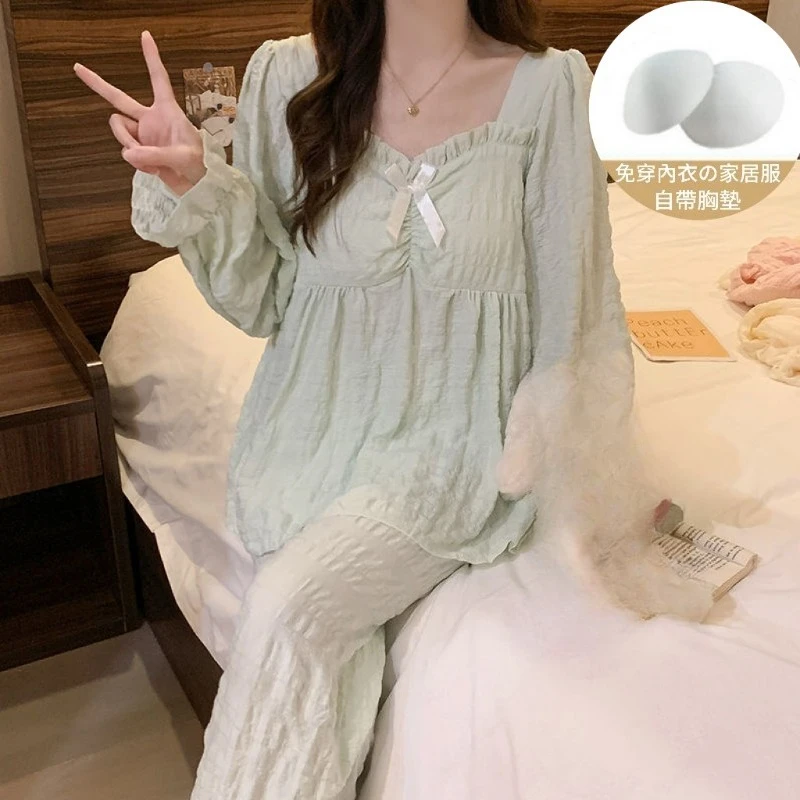 Woman Long-sleeve Pants Set Chest Padding Girl Lace Pajamas Two-piece Set Student Wearable Lady Homewear Women Casual Loungewear