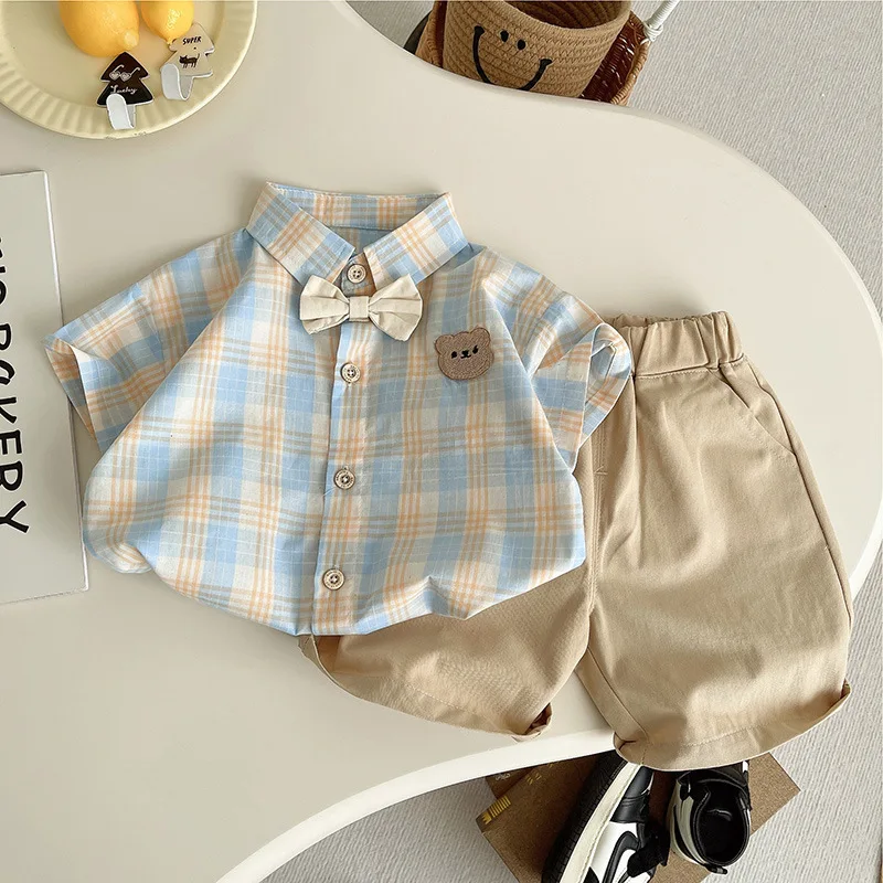 Moda verão bebê meninos menina roupas terno crianças grade laço camiseta shorts 2 pçs/sets criança casual infantil crianças agasalhos