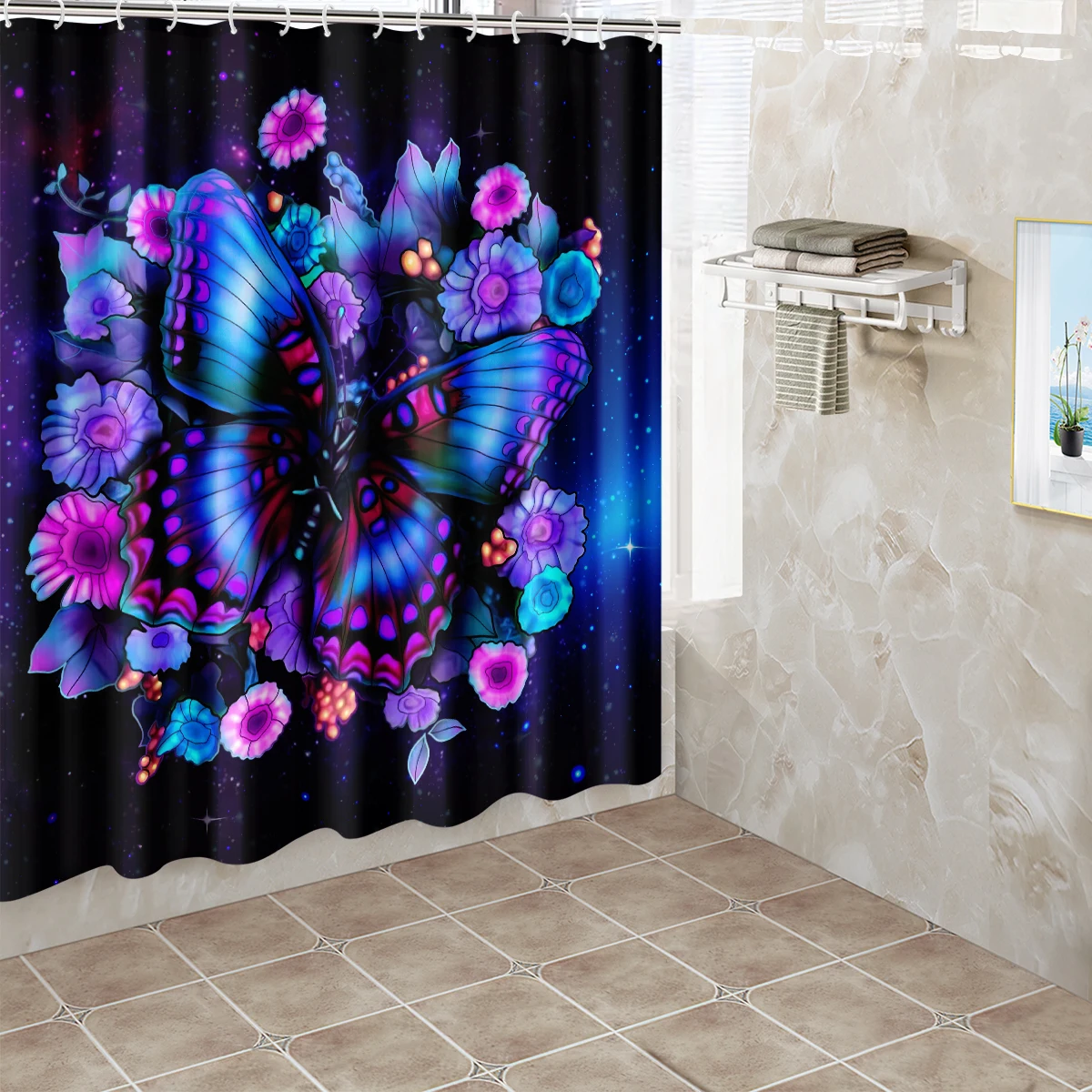 1pc Butterfly Flower Shower Curtain Bathroom Partition Decorative Curtain Machine Washable Purple Flowers Window Privacy Curtain