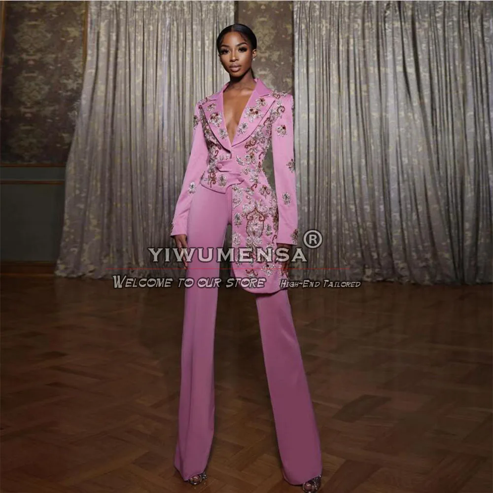 Pink Women Suits Crystals Beading Jacket Pants 2 Pieces Mother Of Bride Dress Customized Single Breasted Wedding Blazers Sets