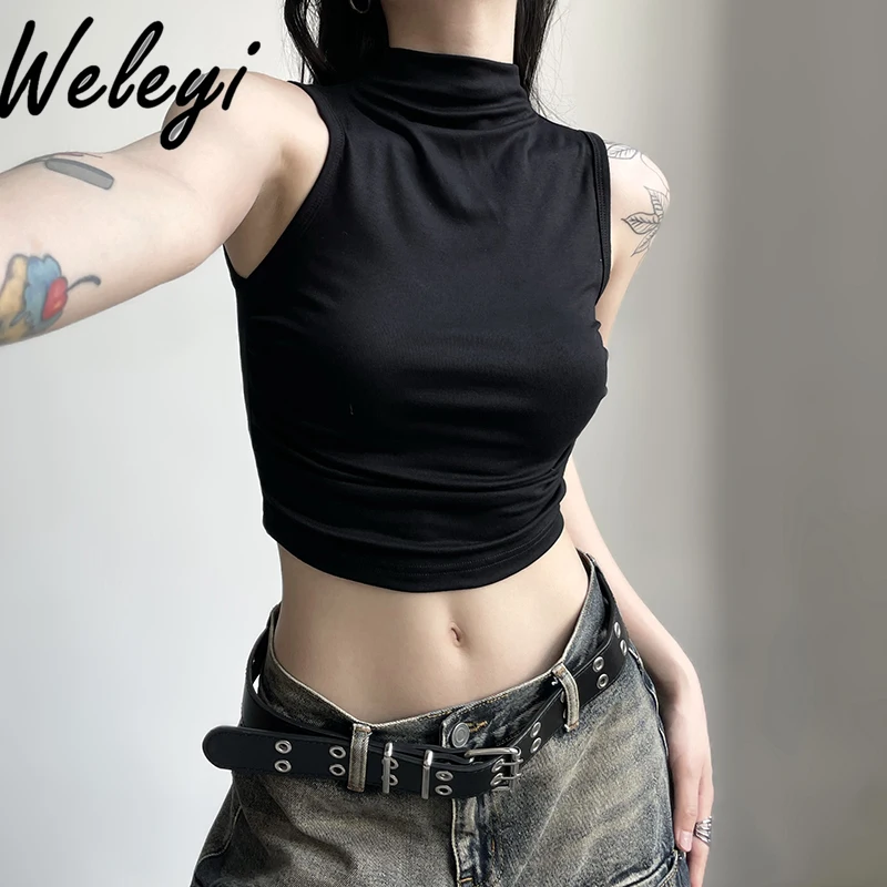 

Hot Girl Semi-turtleneck Pullover Short Vest Top 2025 Summer New Casual Solid Color Slim-fit Sleeveless Inner Cropped Tops Women