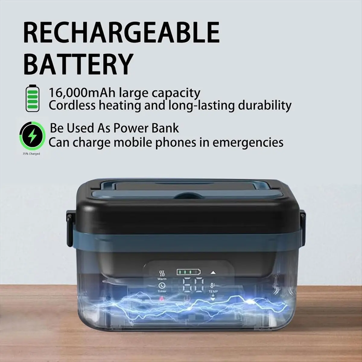 

A36R 1L Cordless Electric Lunch Box for Adults 16000mAh Rechargeable Self-Heating Food Warmers for Office Car Outdoor US Plug