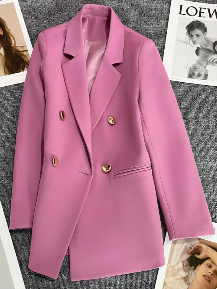 Casaco feminino de botão de metal, blazer trespassado roxo e rosa, novo estilo britânico, design de sentimento, primavera e outono