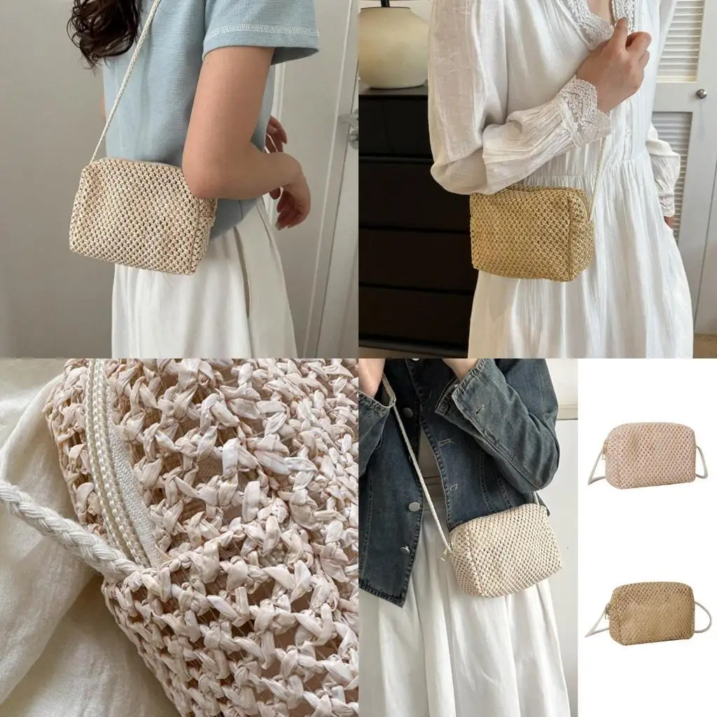 

D46D Fashion Woven Straw Shoulder Bag Woven Bags Women Messengers Bag Handbag for Holiday Travel Bags