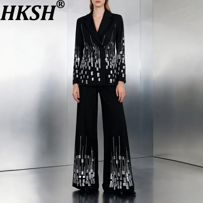 

HKSH весна осень новый женский комплект из двух предметов двубортный приталенный пиджак широкие брюки с блестками элегантный деловой костюм HK14985