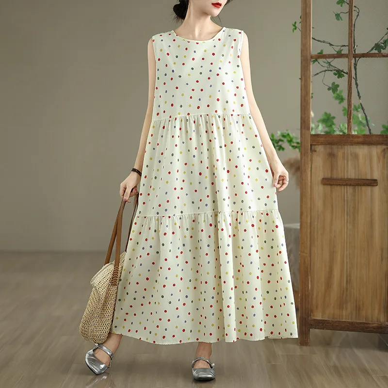 

Loose Cotton Sleeveless Round Neck Polka Dot Summer Vintage Japanese Style Plus Size Versatile Vest Dress Midi Knee Length Dress