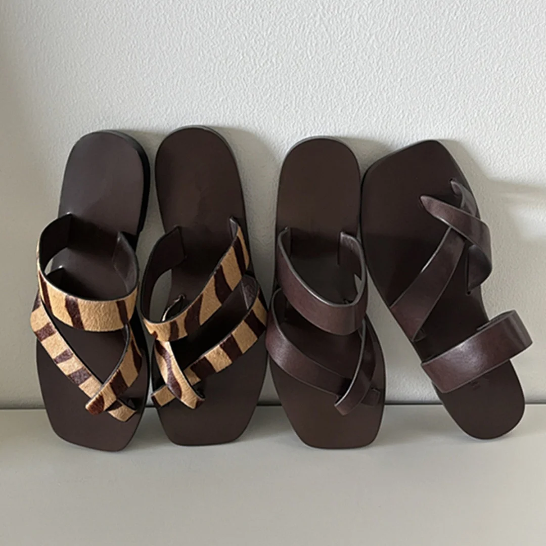 

Maxdutti Genuine Leather Woman Shoes French Vintage Leopard Horsehair Fashion Cross Strap Sandals And Slippers Women's sandals